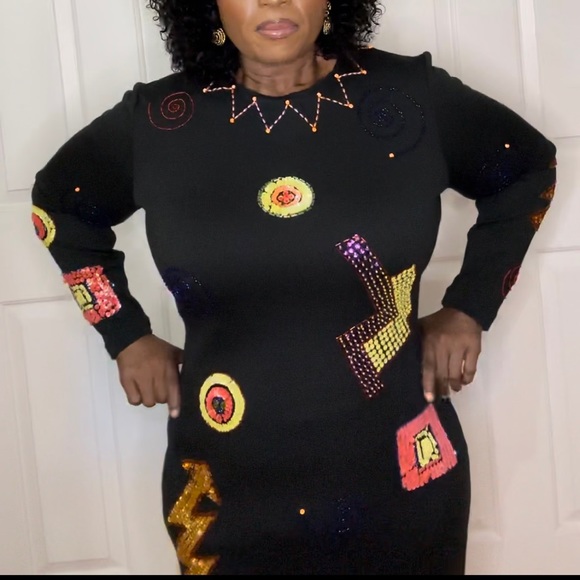 LIZ CLAIBORNE Vintage Long Sleeve Beaded Bodycon Dress-Medium - Picture 5 of 14